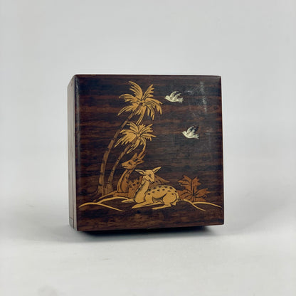 Vintage Dark Wood Trinket Box | Inlaid Palm Trees & Deers