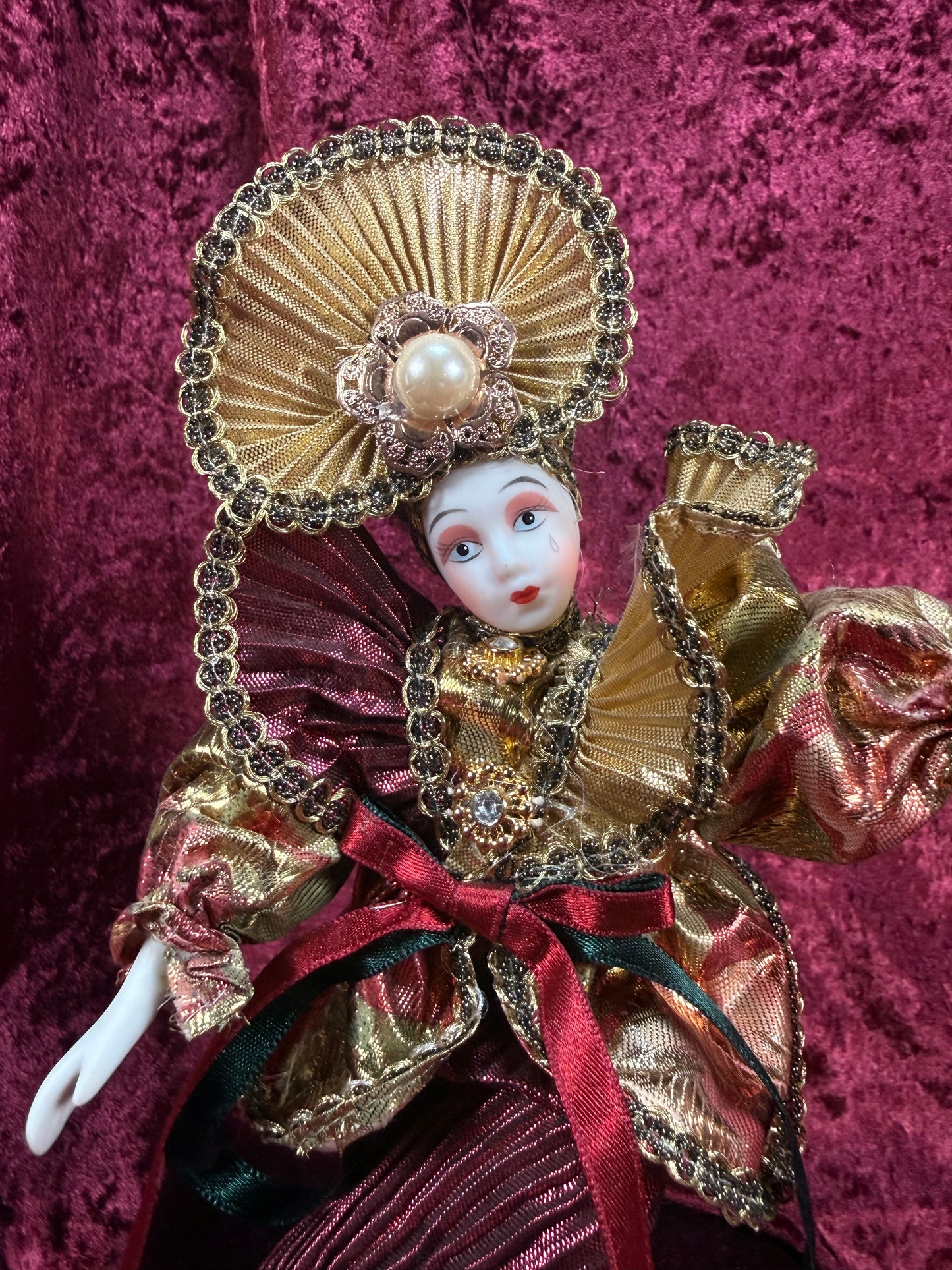 Vintage Porcelain Jester Doll – Metallic Pleated Costume Renaissance Figure - Red and Gold