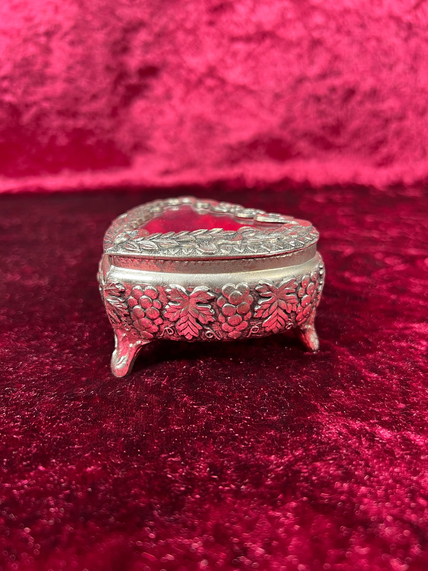 Vintage Vanity - Heart Shaped Jewelry Box - Ornate Silver Grapevine Filigree - Red Velvet Lining - Footed