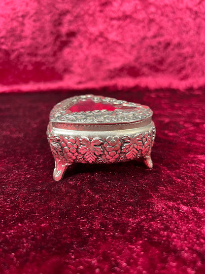 Vintage Vanity - Heart Shaped Jewelry Box - Ornate Silver Grapevine Filigree - Red Velvet Lining - Footed