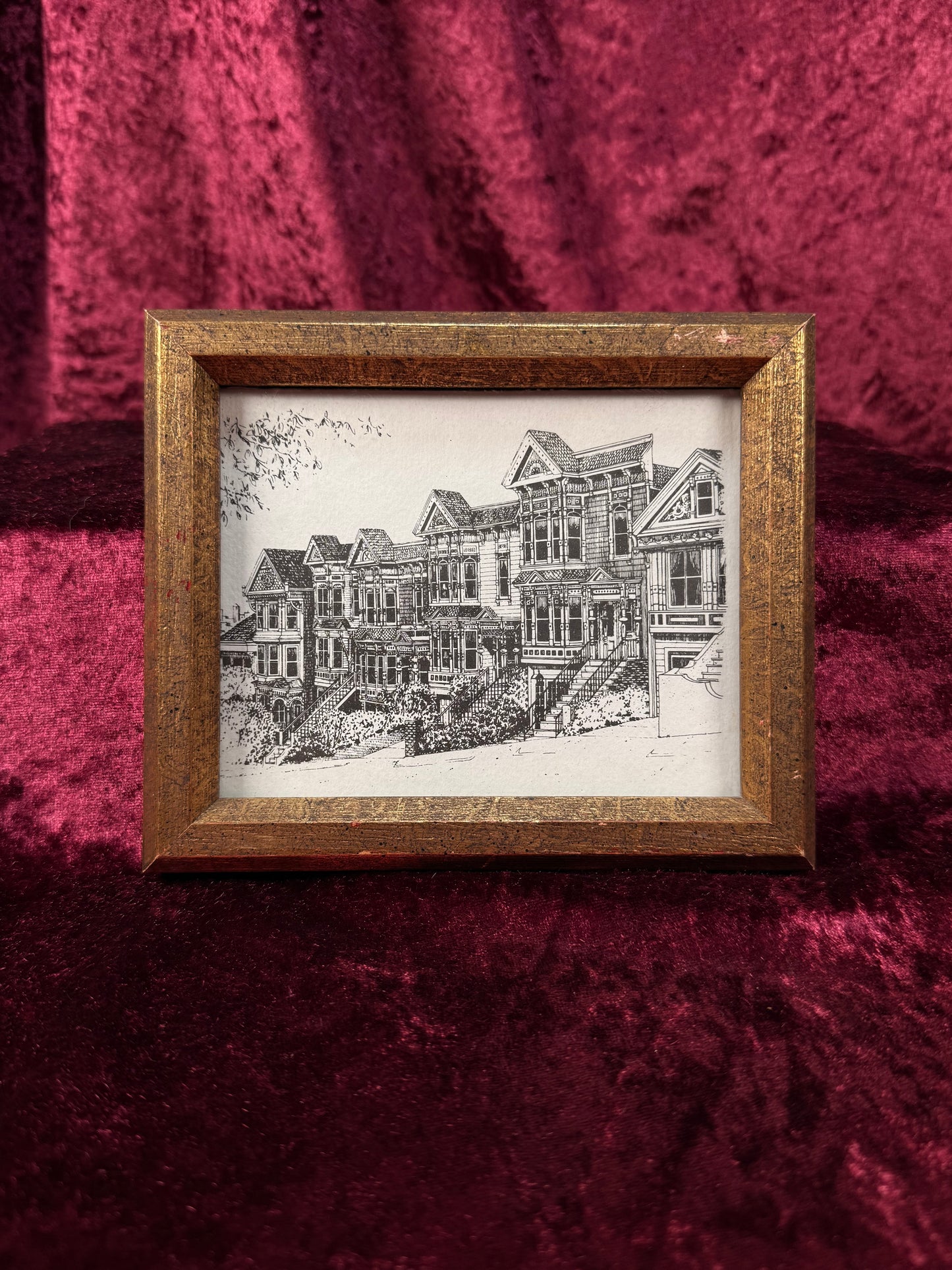 Vintage Framed Ink Drawing Print – Painted Ladies of San Francisco On A Victorian Street