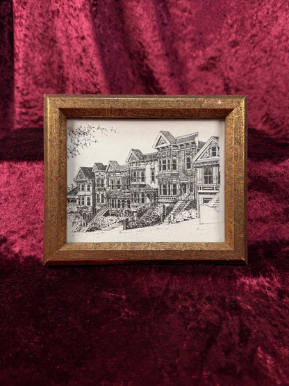 Vintage Framed Ink Drawing Print – Painted Ladies of San Francisco On A Victorian Street