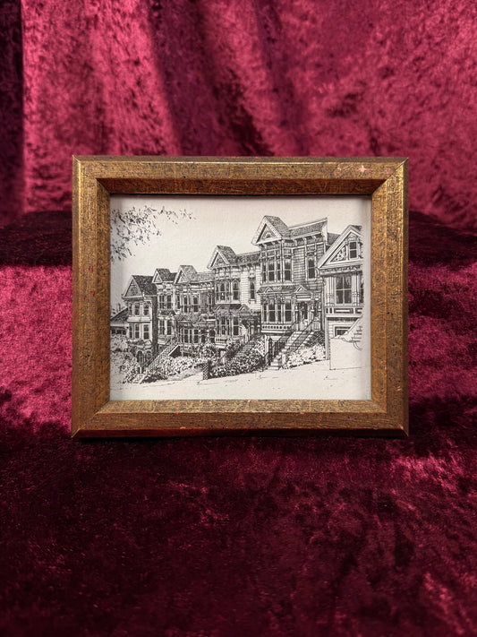 Vintage Framed Ink Drawing Print – Painted Ladies of San Francisco On A Victorian Street