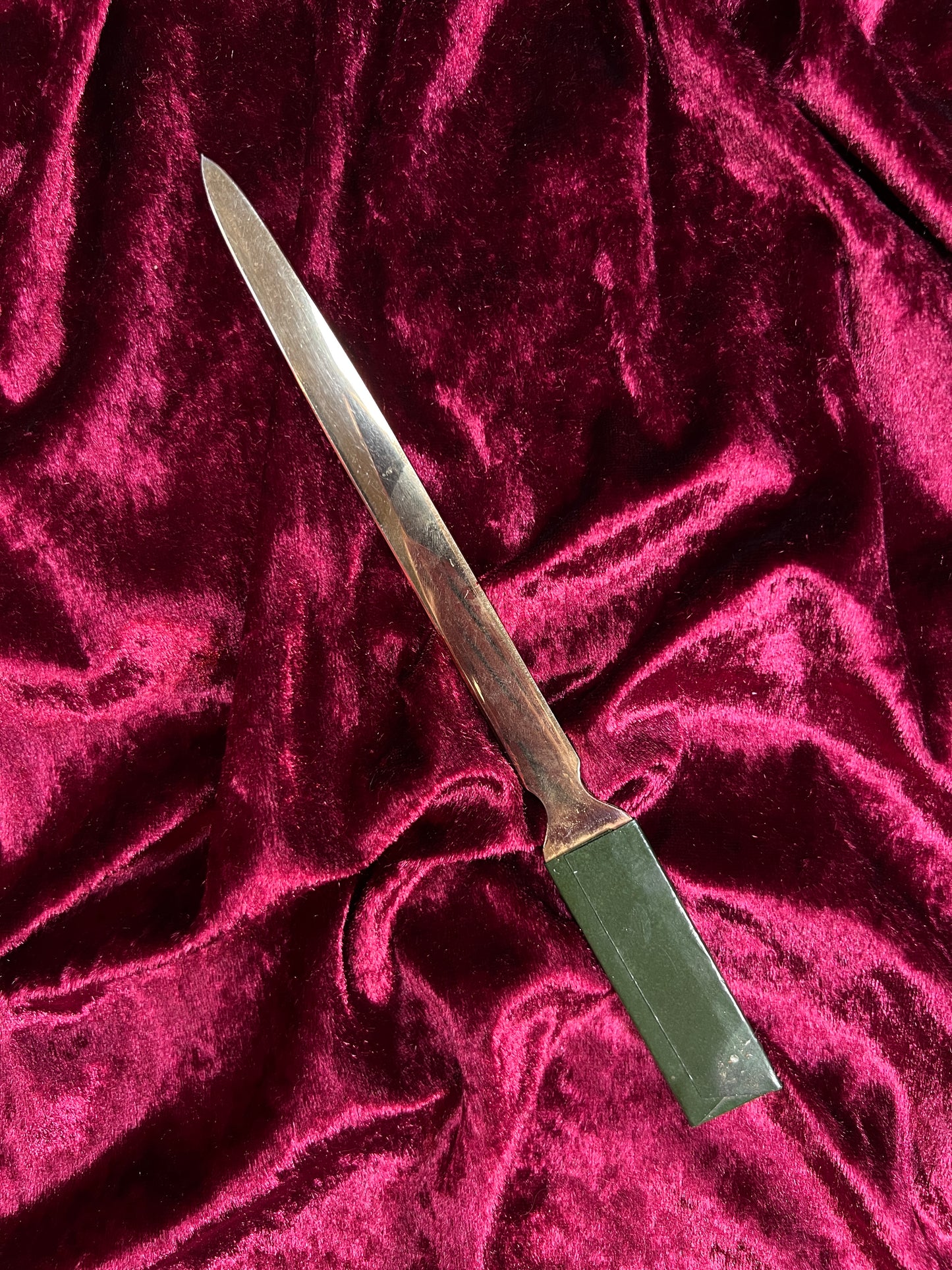 Vintage Brass Letter Opener - Art Deco Green Geometric Handle