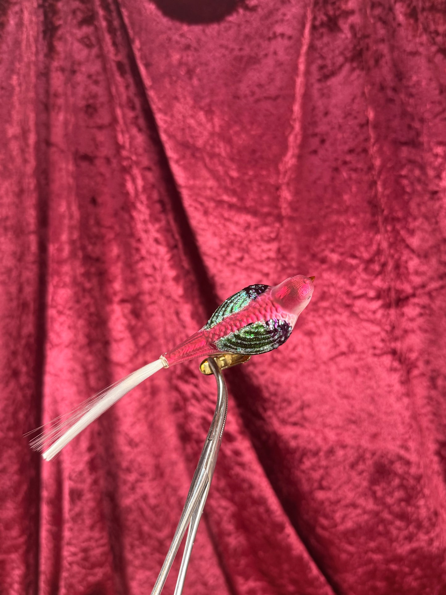 Vintage Christmas - Handblown Glass Clip On Ornament - Pink and Green Bird with Nylon Hair Tail