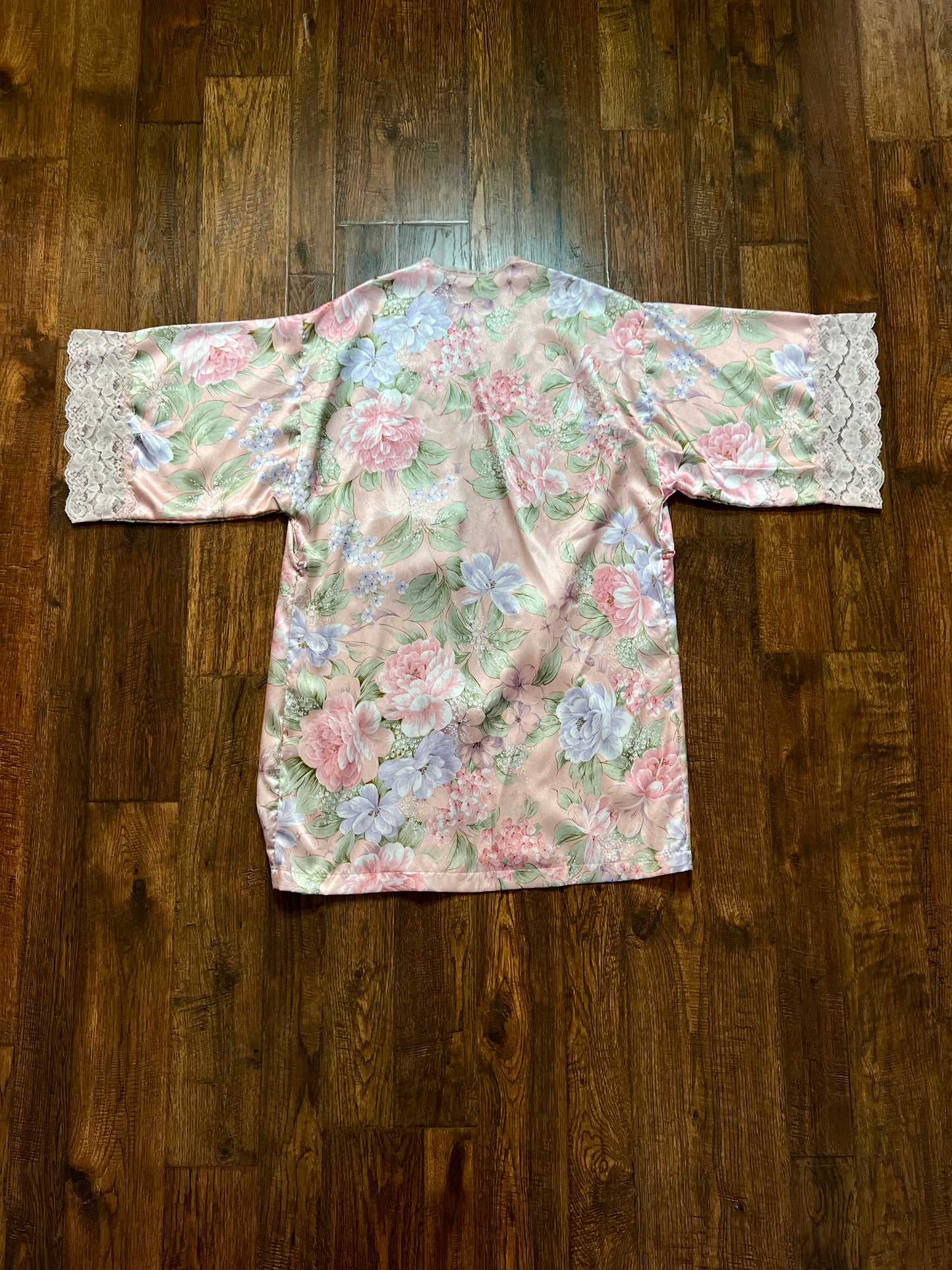 Vintage Silky Nightgown and Robe Lingerie Set - Pink Floral Print Peignoir Ensemble - Val Mode
