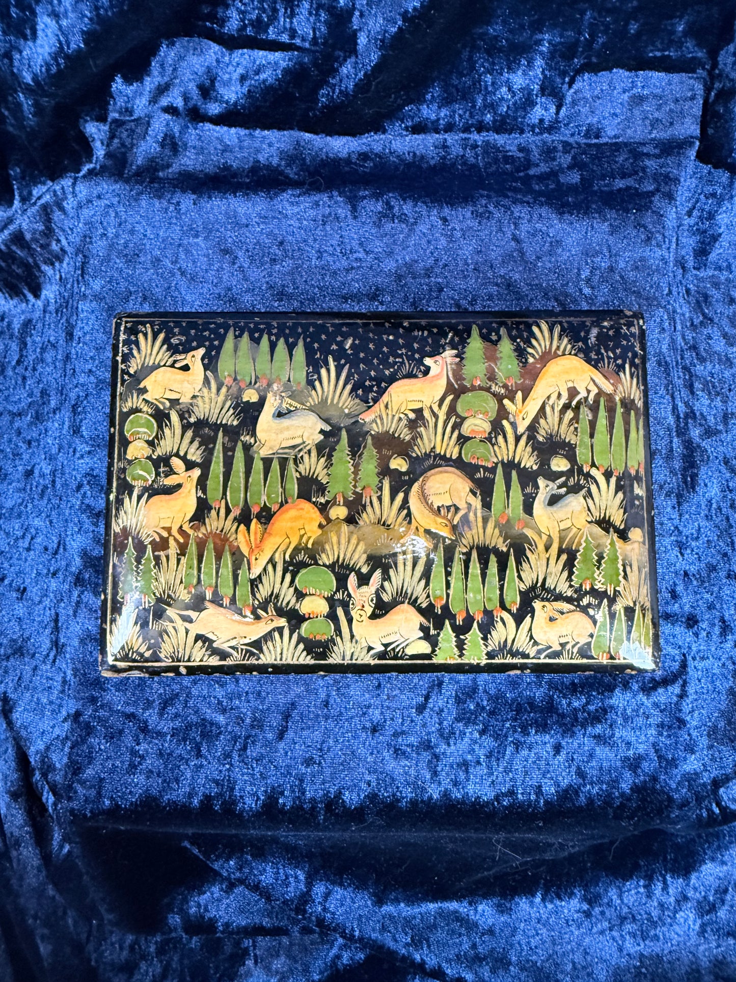 Vintage Papier-Mâché Trinket Box - Hand-Painted Kashmiri Woodland Animals