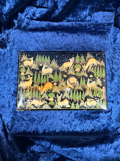 Vintage Papier-Mâché Trinket Box - Hand-Painted Kashmiri Woodland Animals