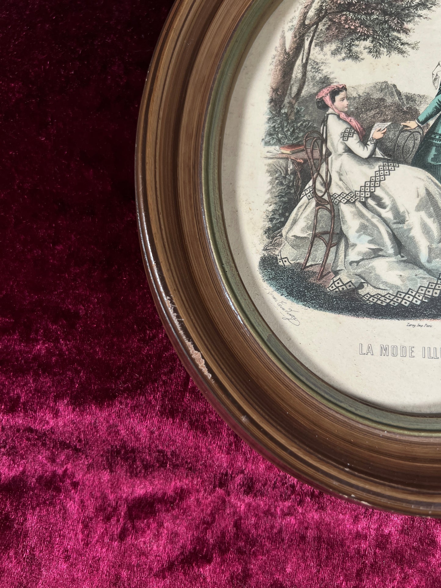 Vintage Oval Wood Framed Print - La Mode Illustrée Victorian Fashion Portrait