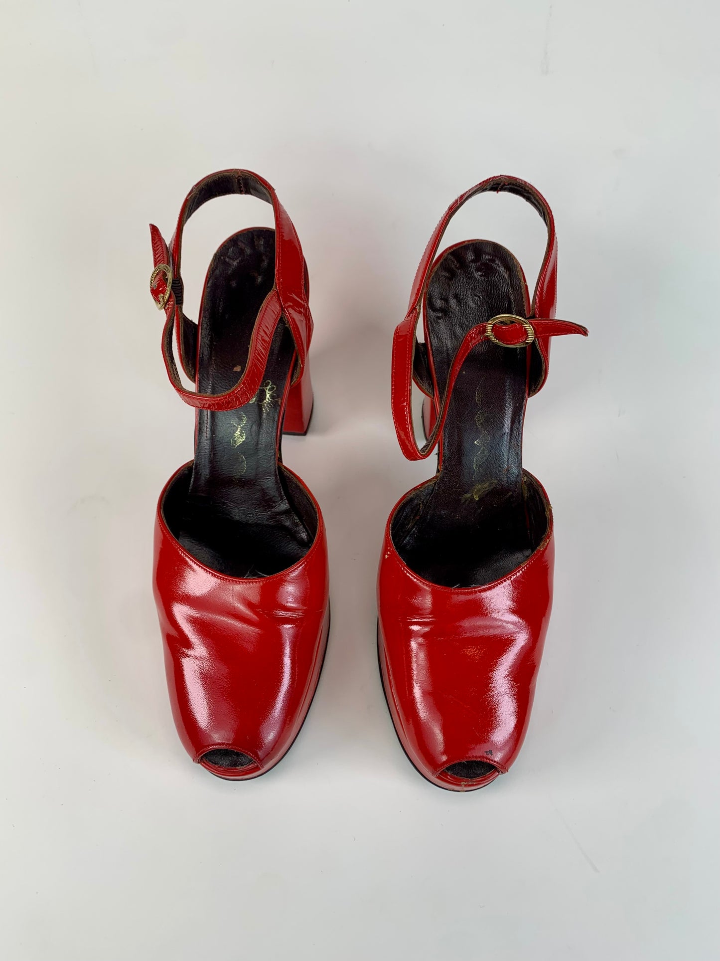 Vintage Shoes - Patent Leather Peep Toe Platform Heels - Cherry Red - 7 1/2