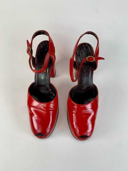 Vintage Shoes - Patent Leather Peep Toe Platform Heels - Cherry Red - 7 1/2