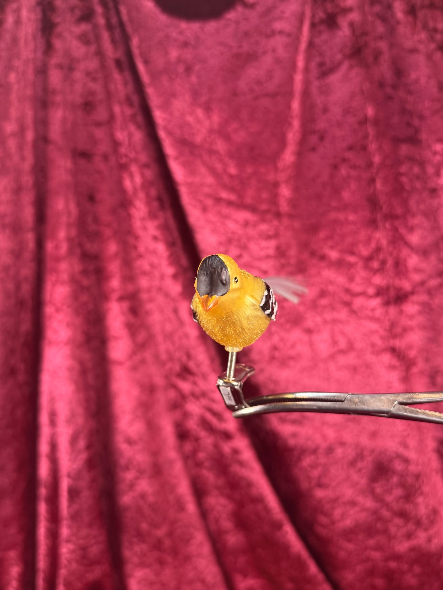 Vintage Christmas - Handblown Glass Clip On Ornament - Yellow Chickadee with Nylon Hair Tail