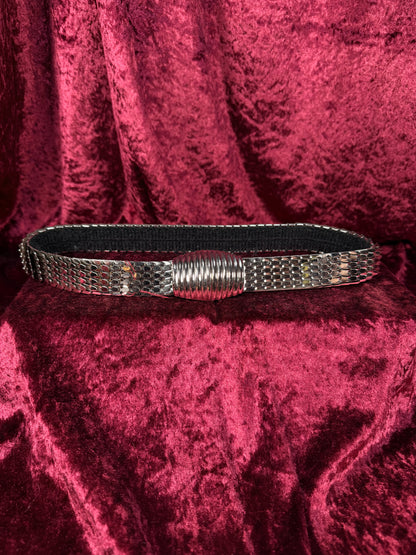 Vintage  Metal Stretch Waist Belt - Silver Tone Fish Scale with Ornate Belt Buckle