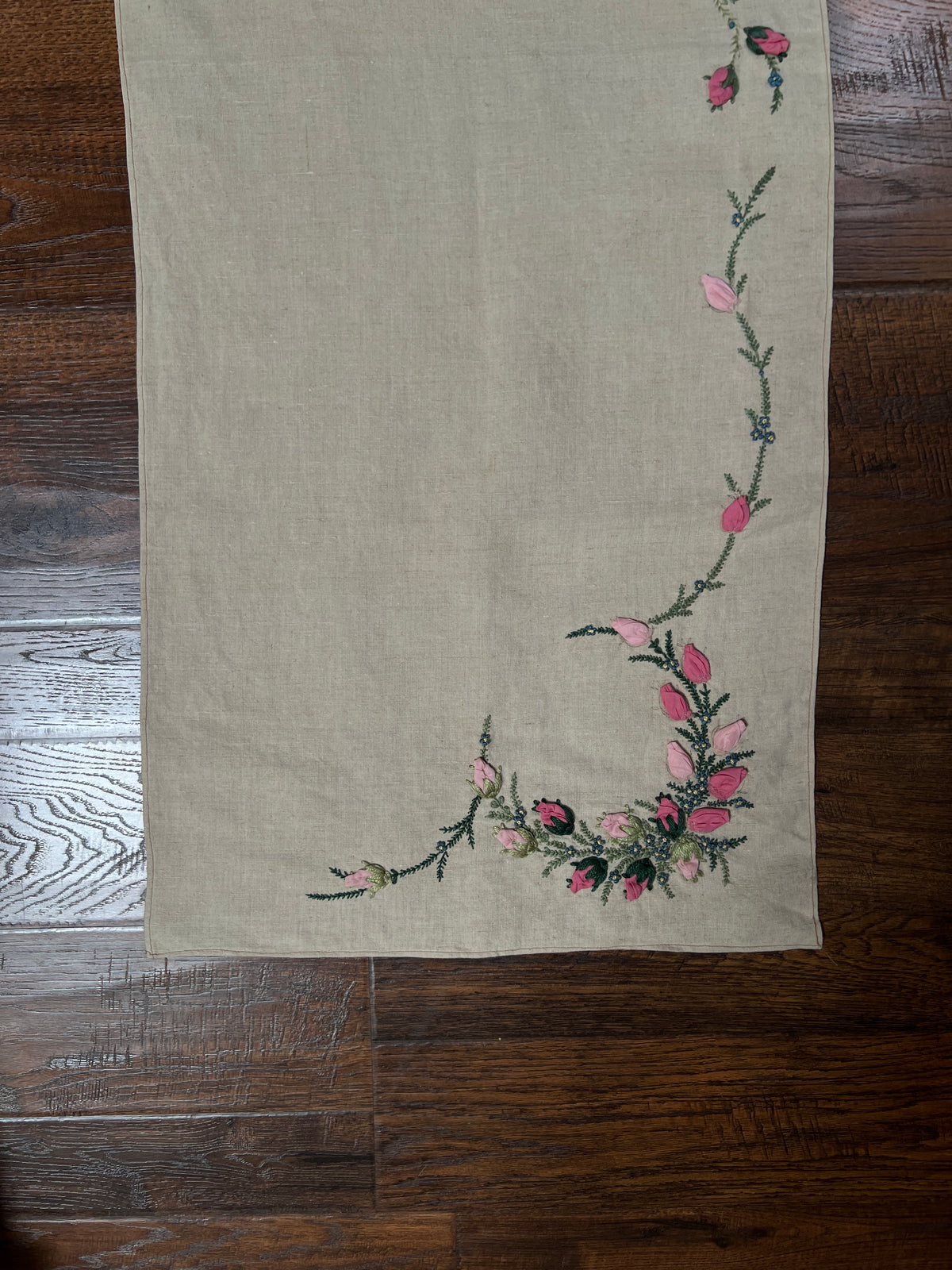 Vintage Rectangular Linen Table Runner - Hand Embroidered Puffy Pink Rosebud Vine