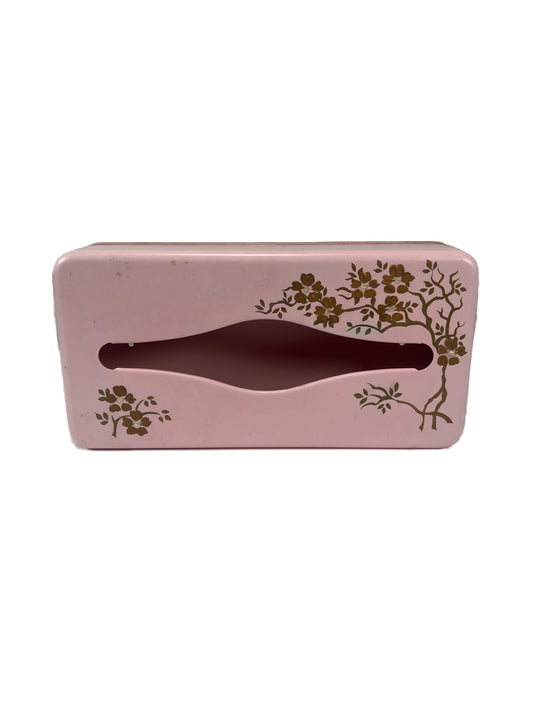 Vintage Home Decor - Tissue Box Holder - Powder Pink Metal - Painted Gold Floral Tree Branch