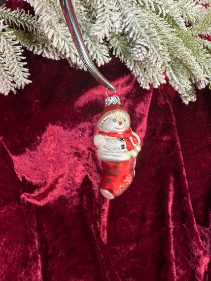Vintage Christmas - Handblown Glass Ornament - Snowman In A Stocking - Department 56