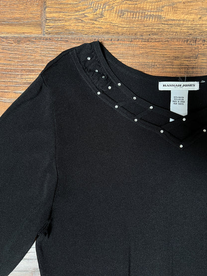 Vintage Hannah Jones Knit Top - Black Rhinestone Lattice Neckline - Medium