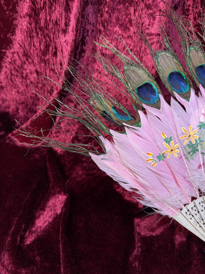 Antique Chinese Handheld Fan - Peacock Feathers and Pierced Bone Staves – Hand Painted