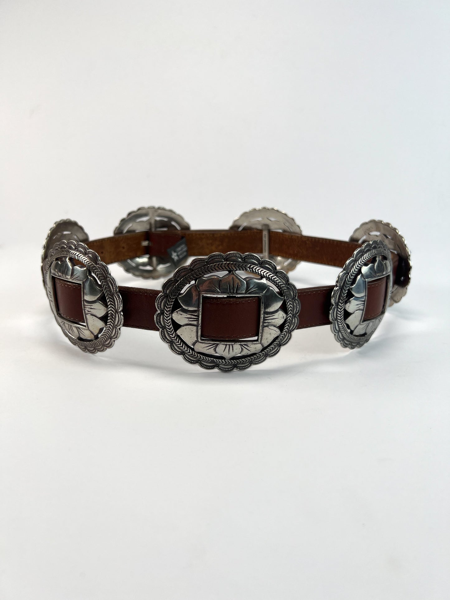 Vintage Belt - Brown Leather - Large Sunflower Concho Medallions - Brighton - 30" - Made In U.S.A.