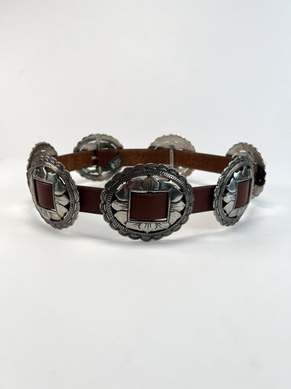 Vintage Belt - Brown Leather - Large Sunflower Concho Medallions - Brighton - 30" - Made In U.S.A.