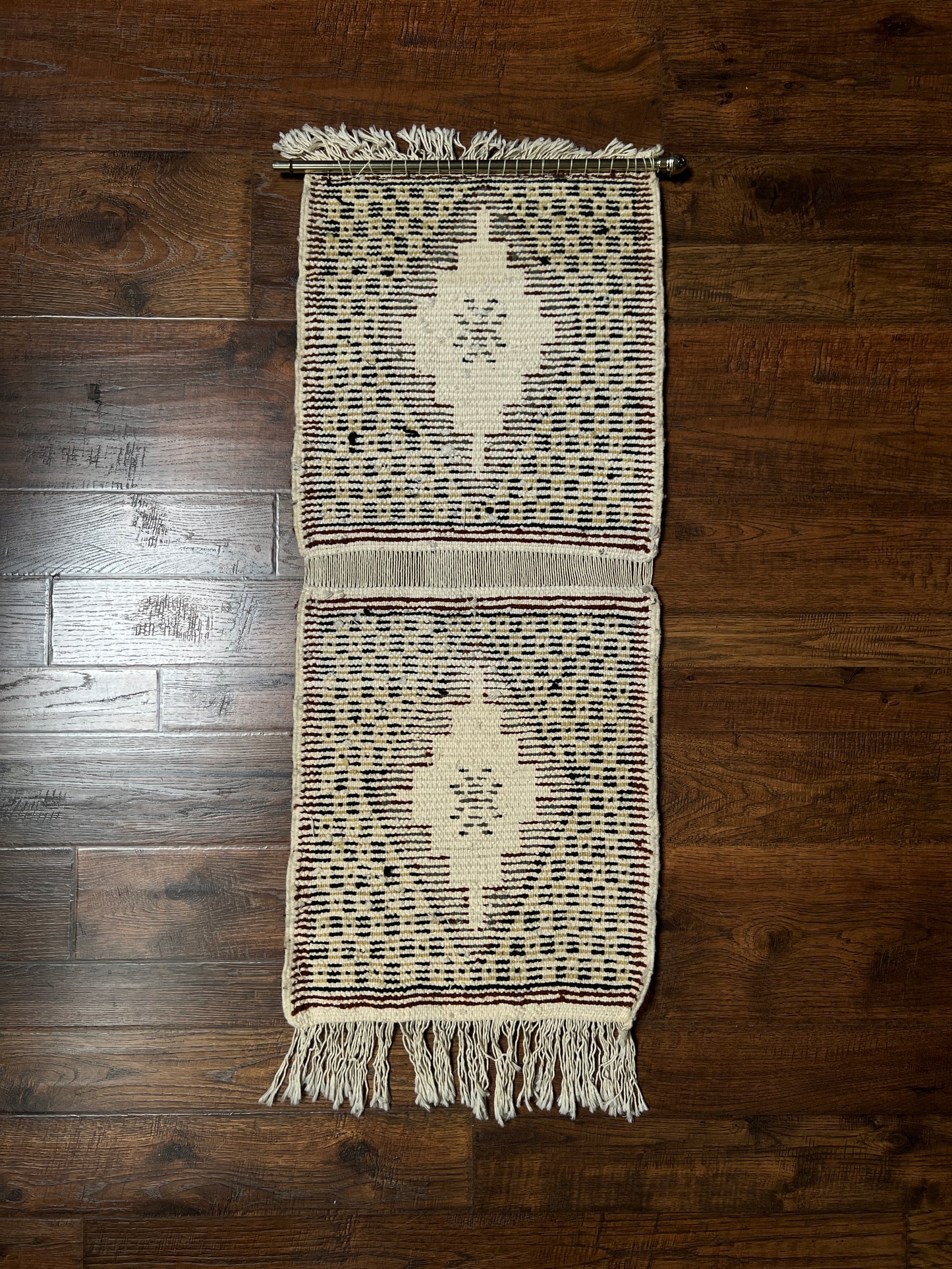 Vintage Wool Wall Hanging Crewel – Geometric Double Panel Tapestry with Fringe
