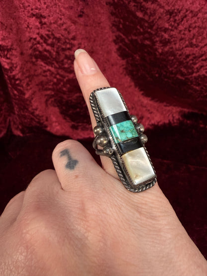Vintage Sterling Silver Ring – Turquoise and Mother of Pearl Inlay Statement - Size 6