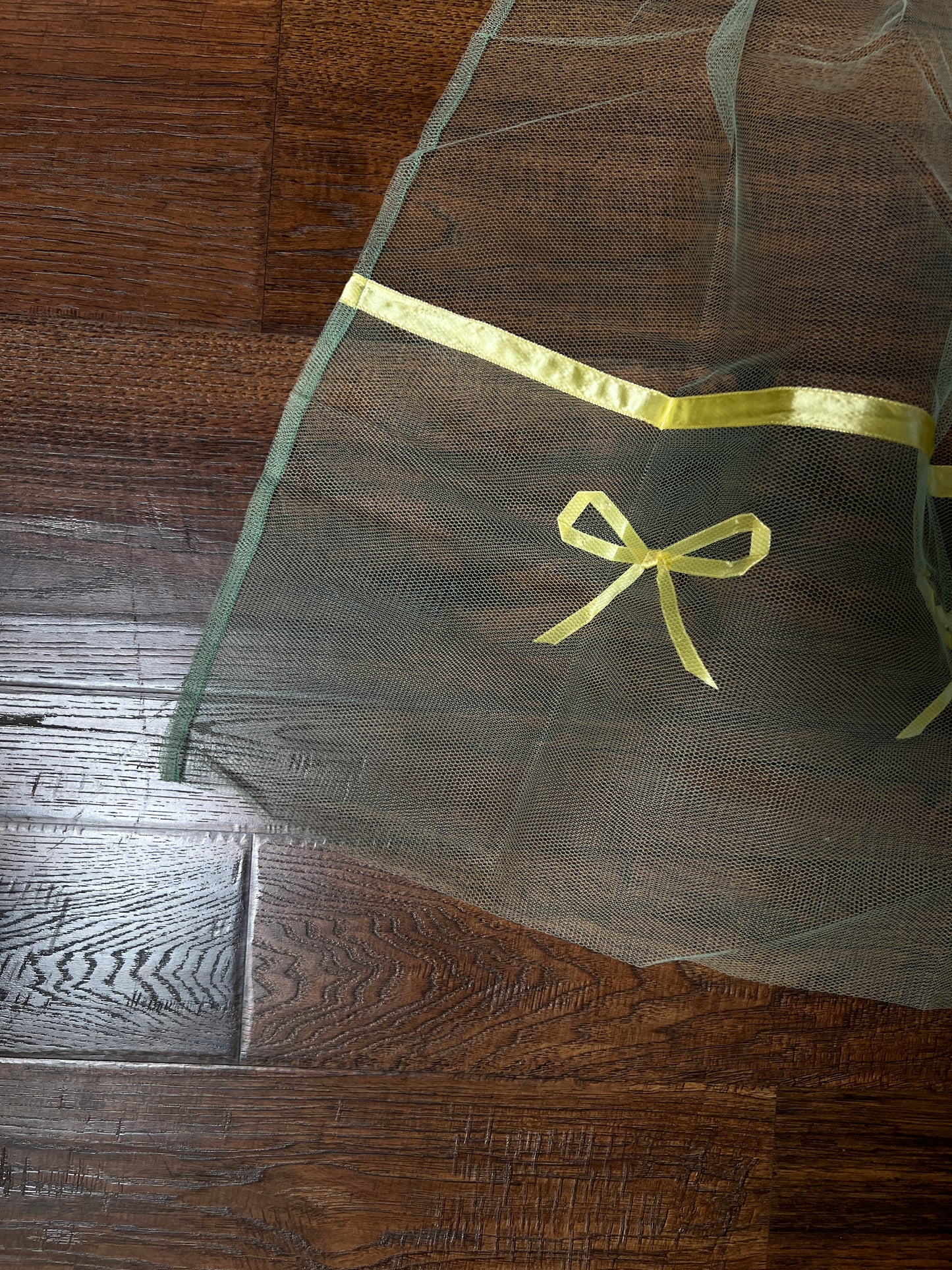 Vintage Handmade Green Tulle Half Apron — Mid Century Yellow Satin Ribbon Bows