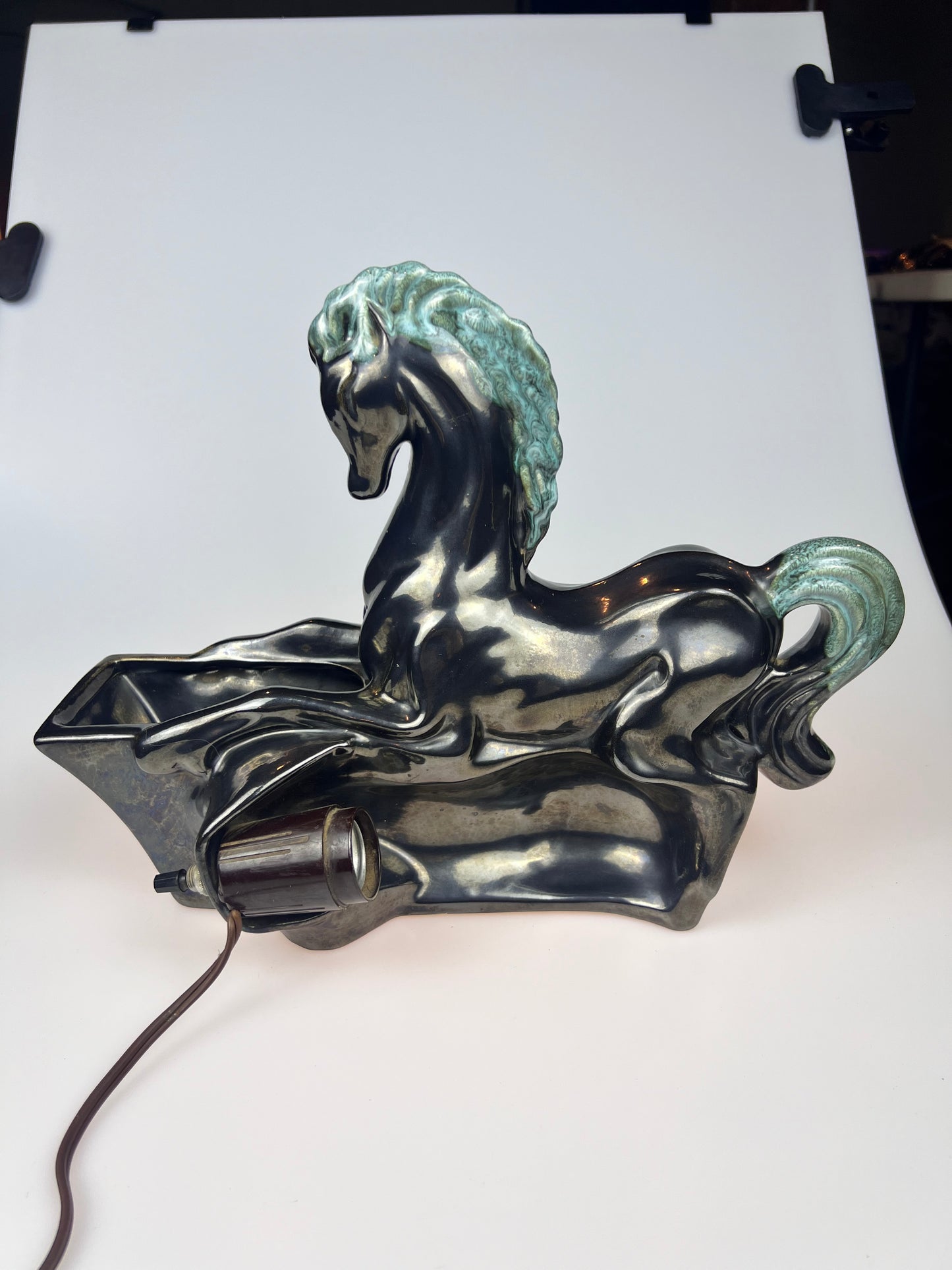 Vintage 1950s Underwriter Laboratories Ceramic TV Lamp Planter | Black & Teal | Mustang Horse