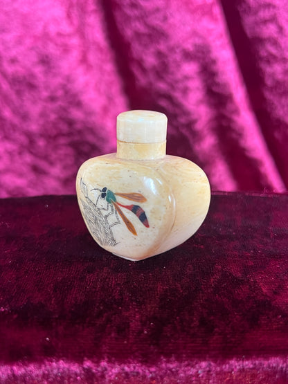 Vintage Curiosities - Antique Snuff Bottle - Bone - Inlaid Dragonfly - 1.75”