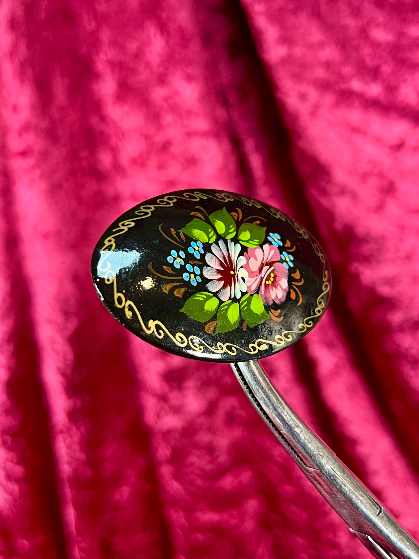 Vintage Jewelry - Brooch - Hand Painted Floral Bouquet on Black - Masters