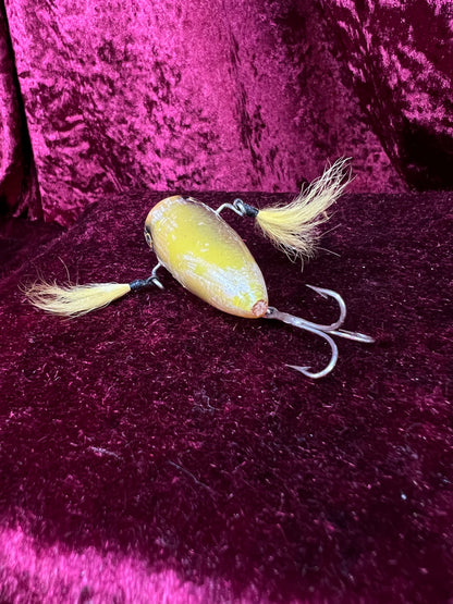 Vintage Plastic Fishing Lure -  Yellow Plug Crankbait with Hook Skirts