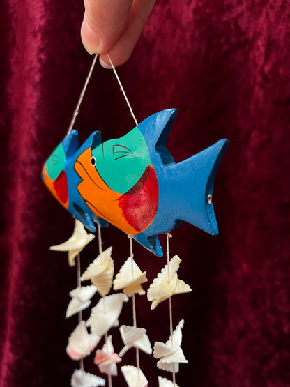 Vintage Wood Fish Wind Chime - Hand Painted Tropical Fish Seashell Mobile