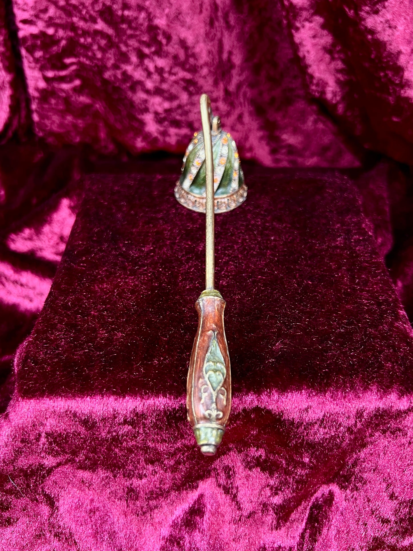 Vintage Brass Enamel Candle Snuffer - Jeweled Green Victorian Revival