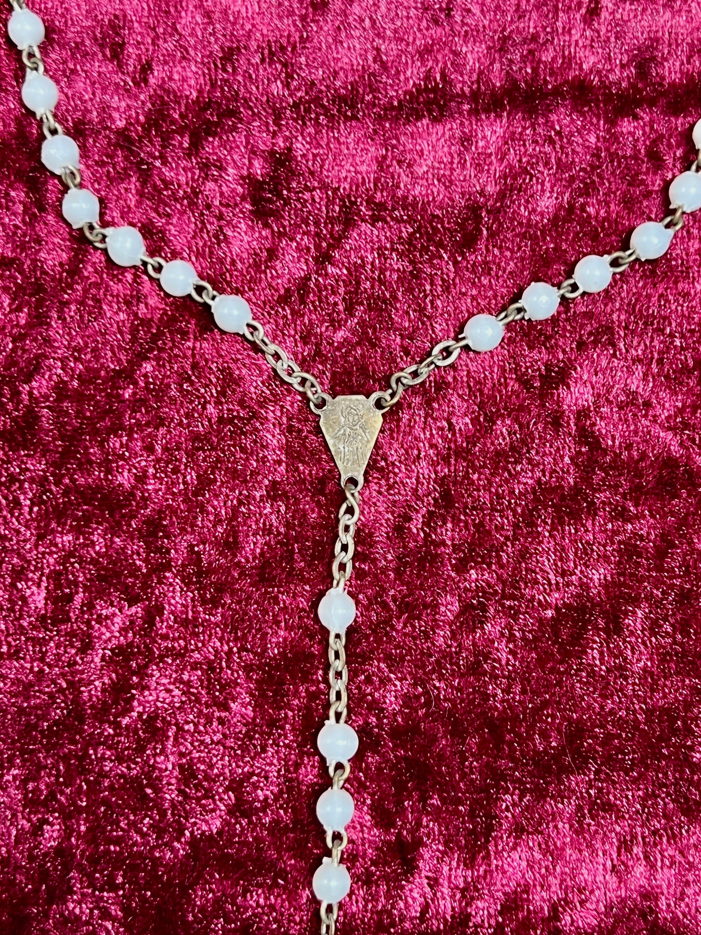 Vintage Jewelry - Rosary Beads - Shiny White Beads - Brass Tone Cross - 12.75"