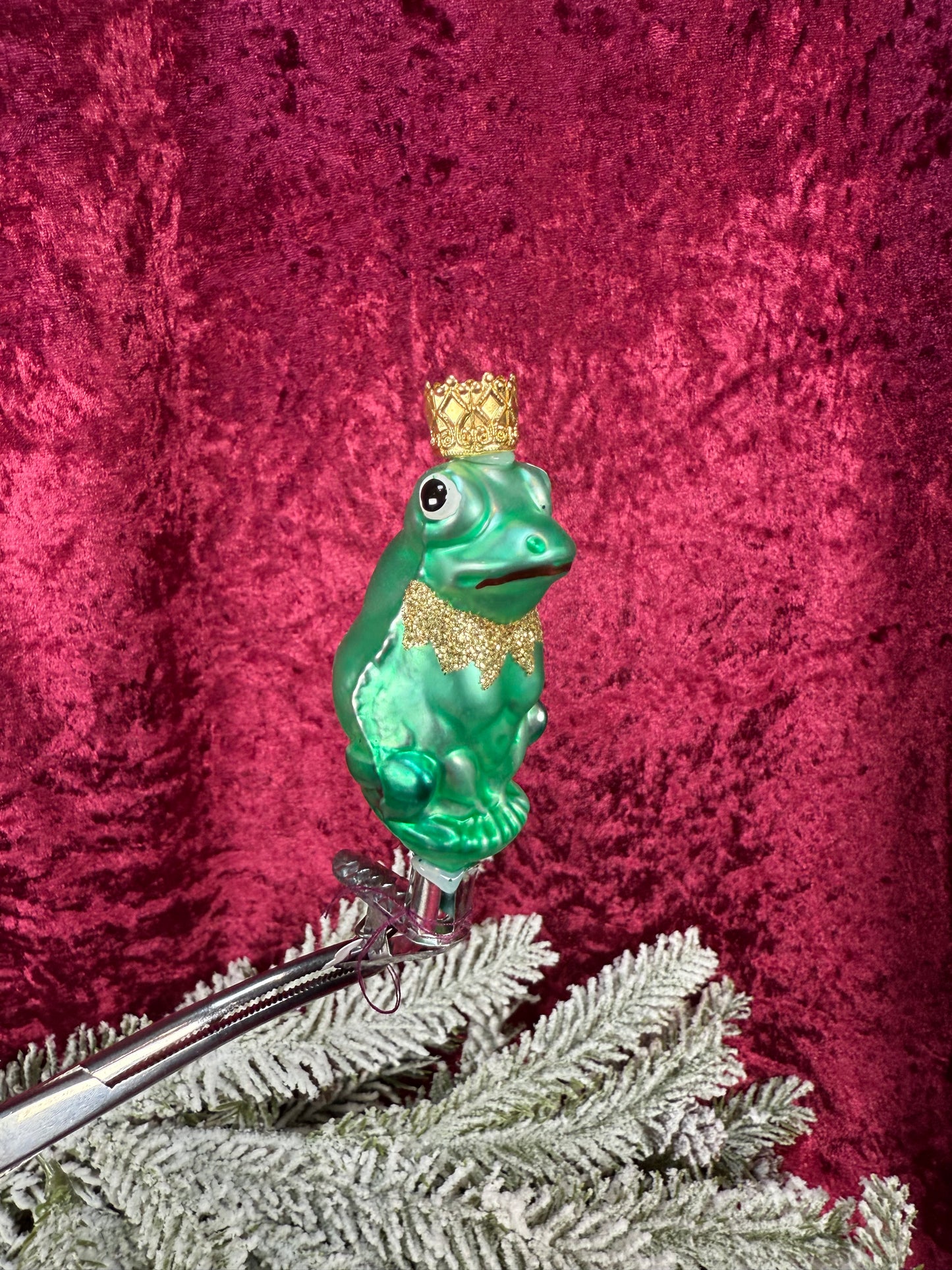 Vintage Christmas - Clip On Ornament - Hand Blown Glass -  3" Prince Frog