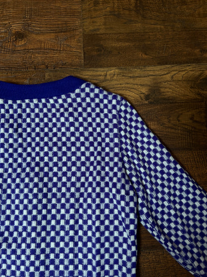 Vintage Acrylic Cardigan - Purple White Checkered Knit Button Front Sweater - Small