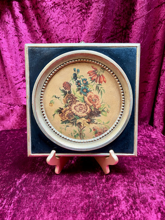 Vintage Wall Decor - Antique Italian Plaque - Black and Gold Frame - Muted Pink Floral Bouquet - Borghese