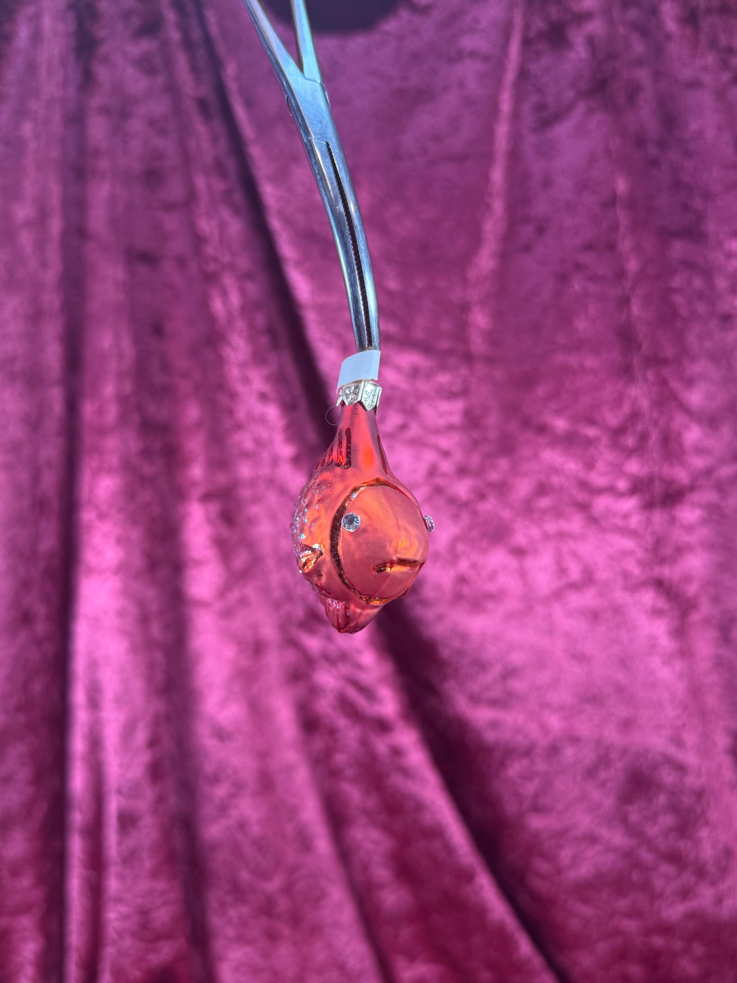 Vintage Christmas - Handblown Glass Ornament - Red Rhinestone Eyes Fish - Poland