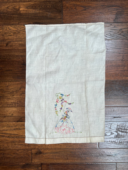 Vintage Linens - Pair of Embroidered Dinner Napkins - Rococo Lady In Waiting