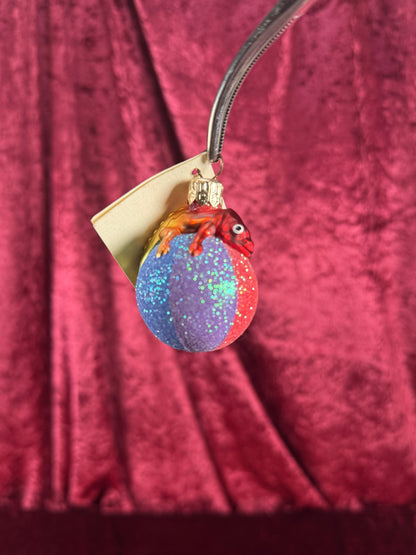 Vintage Christmas - Handblown Glass Ornament - Chameleon On Rainbow Ball - Patricia Breen - Poland