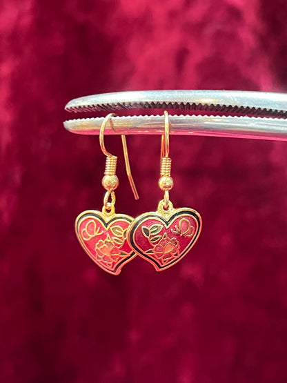 Vintage Jewelry - Earrings - Cloisonné Hearts - Butterfly and Rose - Made In Taiwan R.O.C.