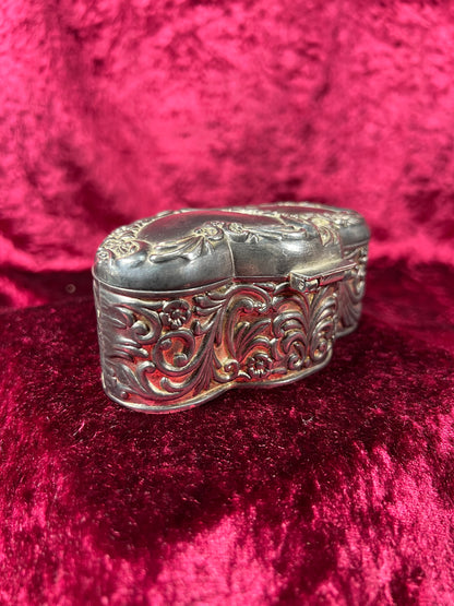 Vintage Jewelry Box - Antique Silver Patina - Double Hearts with Floral Filigree - Red Velvet Lining