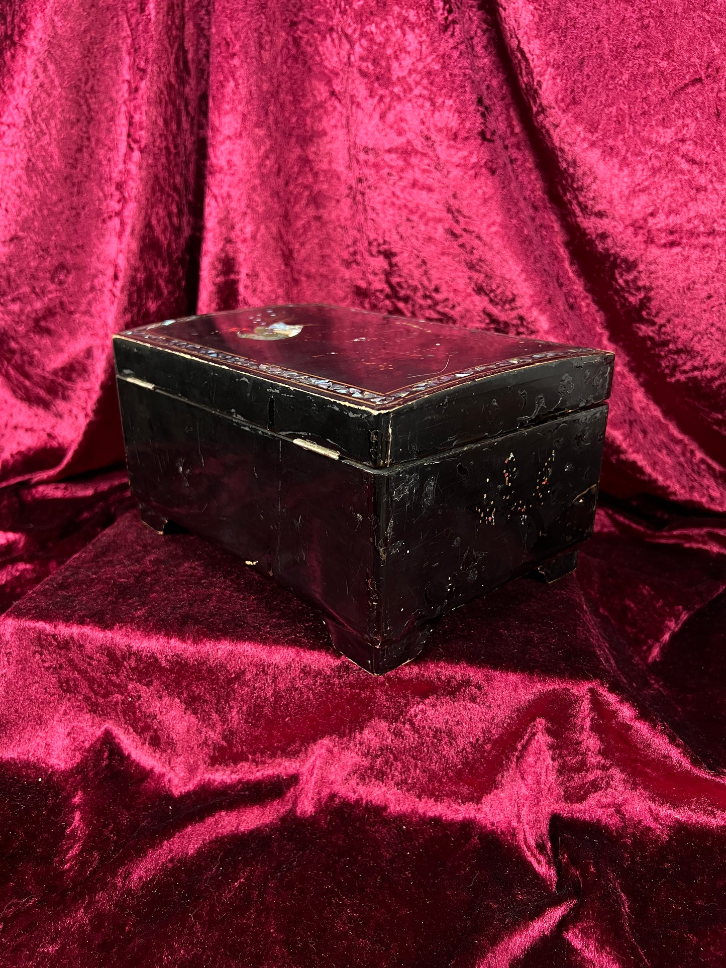 Vintage Black Lacquer Jewelry Box - Mother of Pearl Painted Peacock Vanity Chest