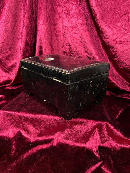 Vintage Black Lacquer Jewelry Box - Mother of Pearl Painted Peacock Vanity Chest