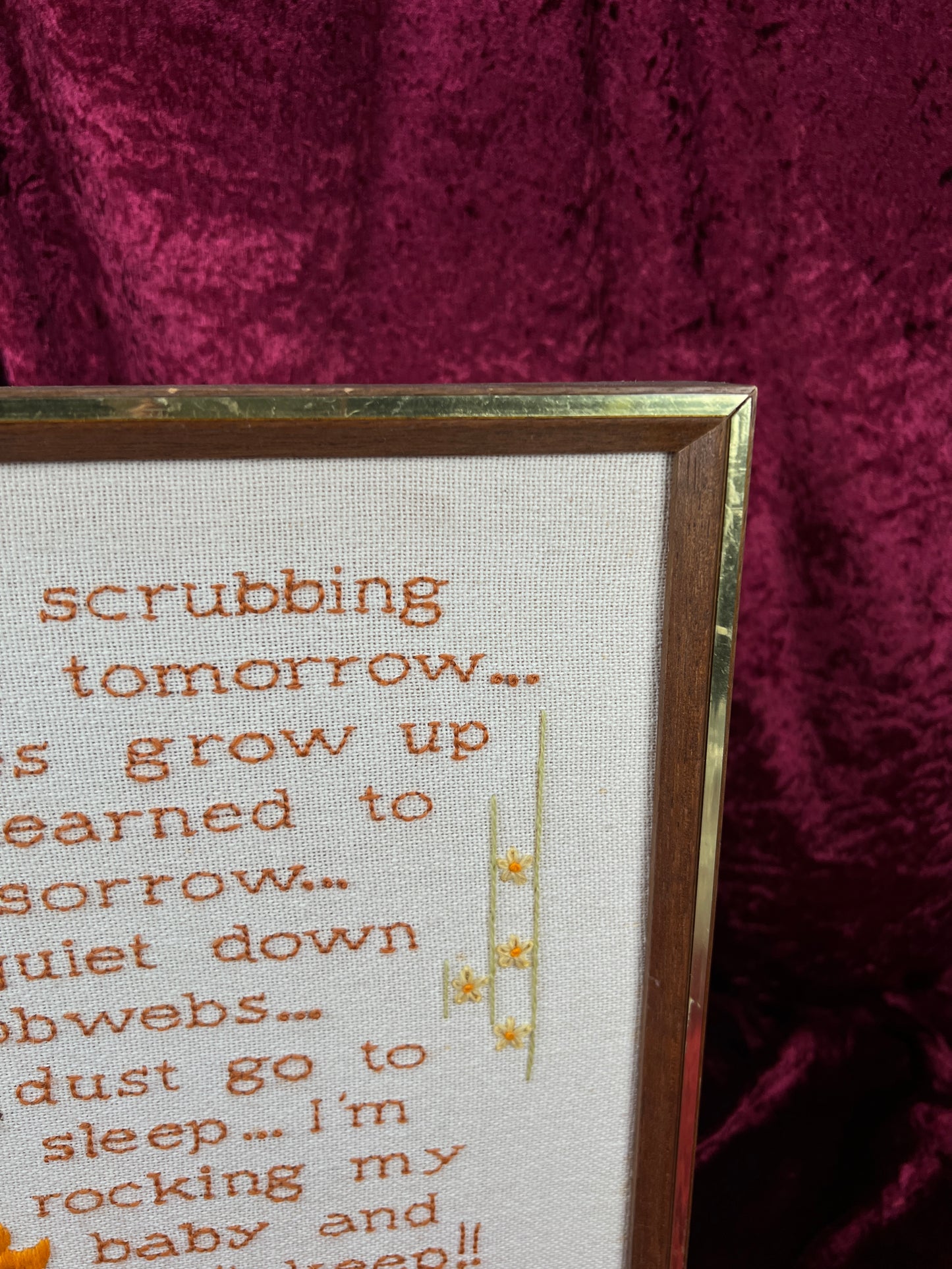Vintage Framed Crewel Embroidery Wall Art - Babies Don't Keep Needlework - Sunset Designs 1977