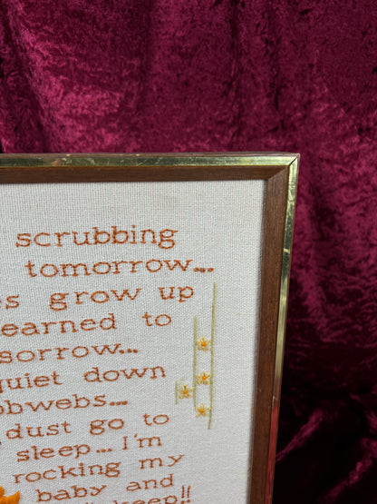 Vintage Framed Crewel Embroidery Wall Art - Babies Don't Keep Needlework - Sunset Designs 1977