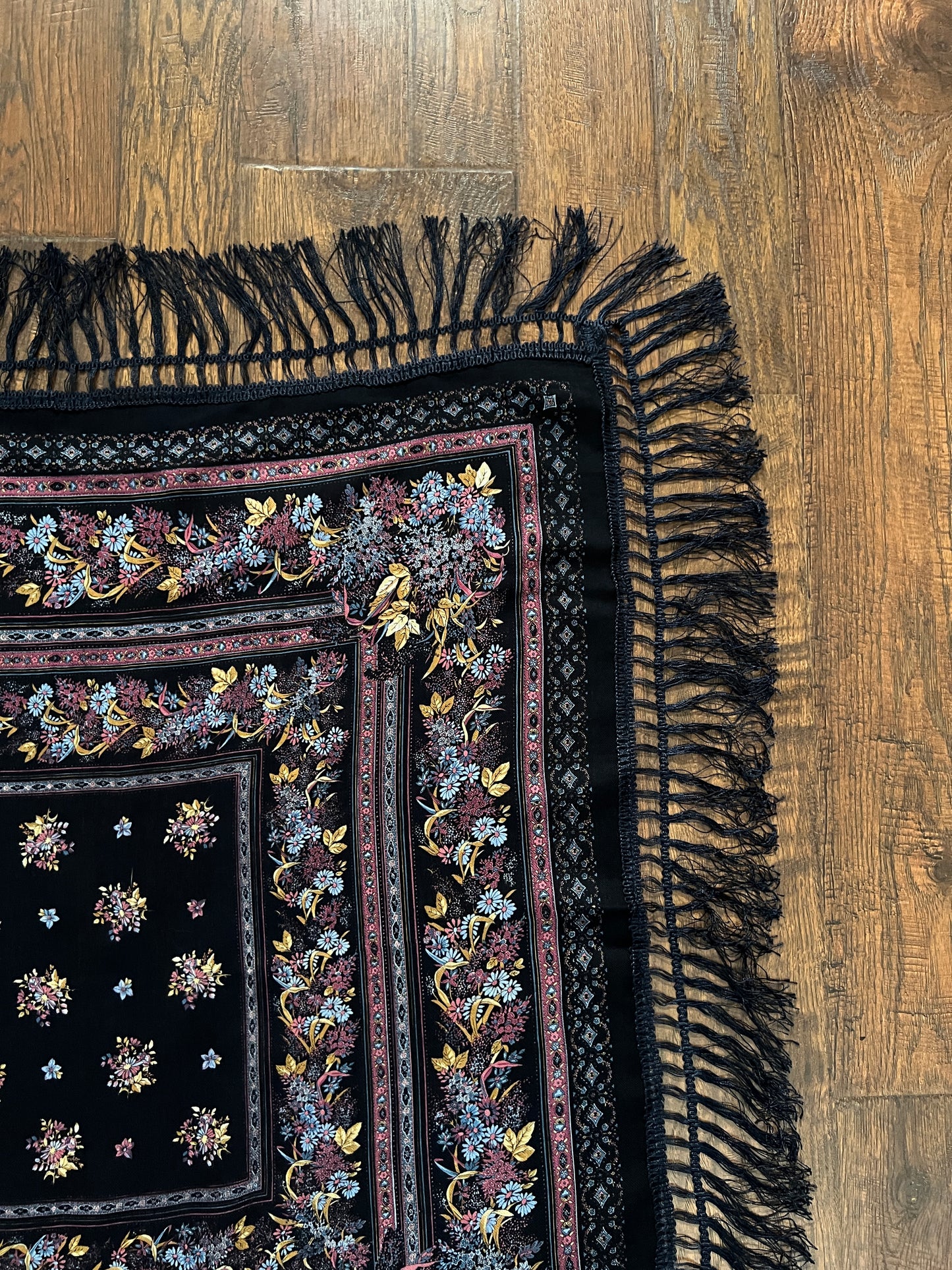 Vintage Kashmir Woole Floral Fringe Scarf - Dark Blue Square Wrap Bohemian Style