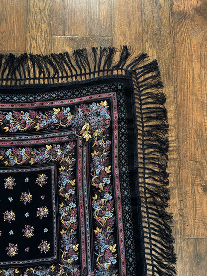 Vintage Kashmir Woole Floral Fringe Scarf - Dark Blue Square Wrap Bohemian Style