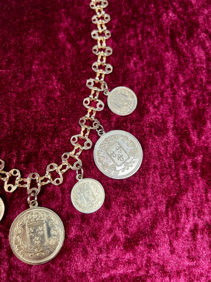 Vintage Jewelry - Reversible Necklace - Gold Tone Republique Francaise Coins - 17.5"