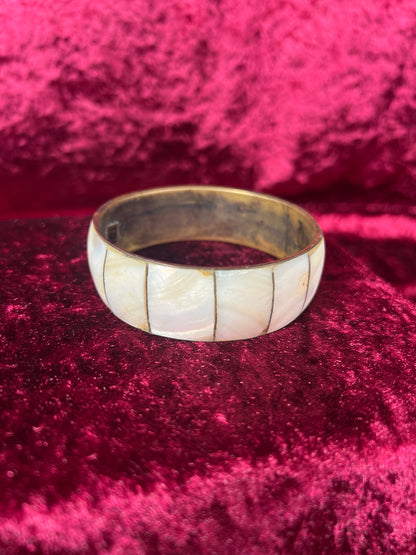 Vintage Jewelry - Cuff Bracelet - Brass - Oyster Shell Inlay - Made In India
